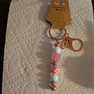 Handmade Pink and White Beaded Keyfinder Purse Keychain